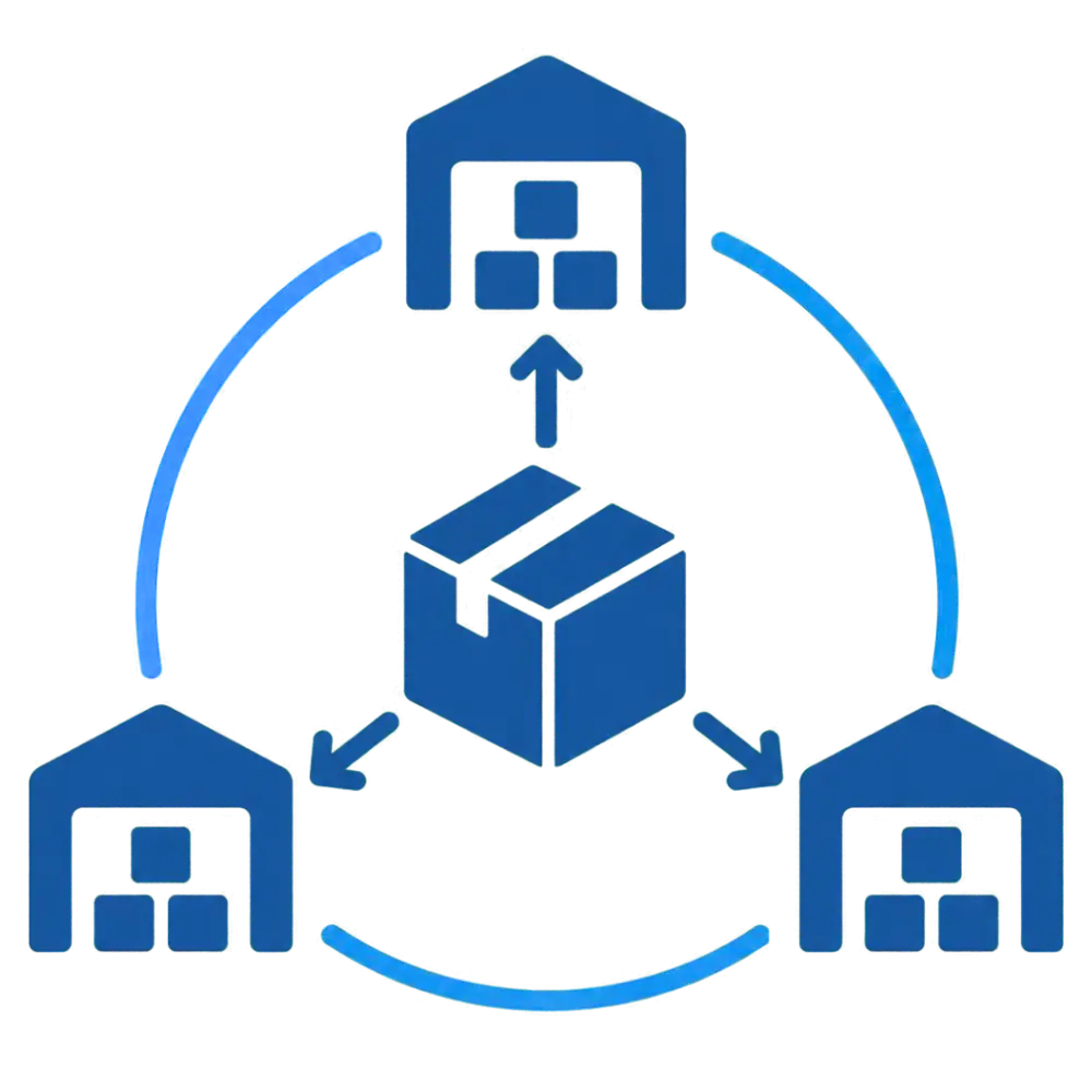 Icon representing inventory distributed across multiple regional warehouses