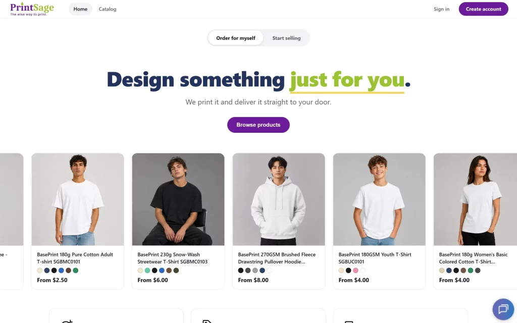 PrintSage website showing the "Order for myself" tab with t-shirt and hoodie catalog pricing