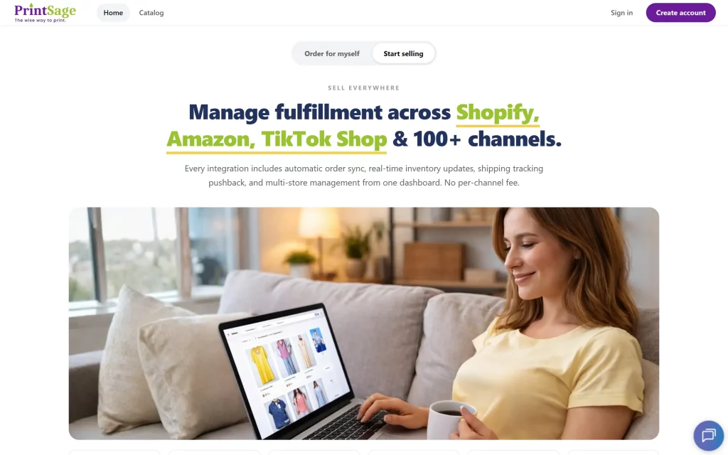 PrintSage "Start selling" dashboard showing multichannel fulfillment across Shopify, Amazon, and TikTok Shop