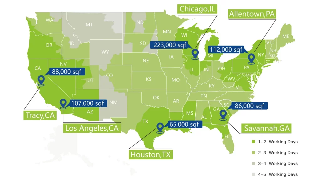 Map of ShipSage US fulfillment center locations in Tracy CA, Los Angeles CA, Houston TX, Chicago IL, Allentown PA, and Savannah GA with 1–2 day delivery coverage