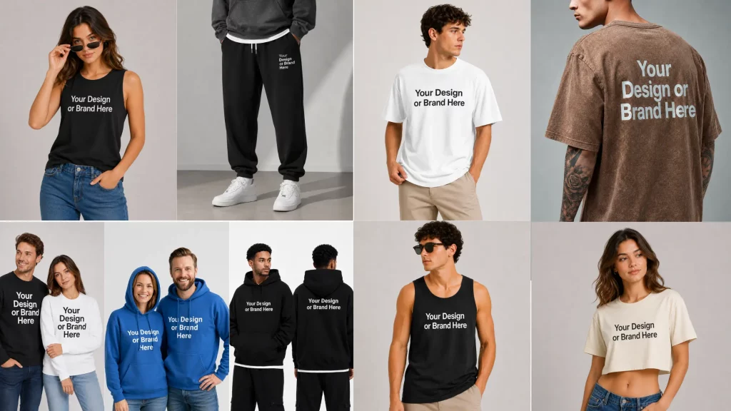 Grid of custom-printed apparel mockups including t-shirts, hoodies, joggers, tank tops, and cropped tees on PrintSage