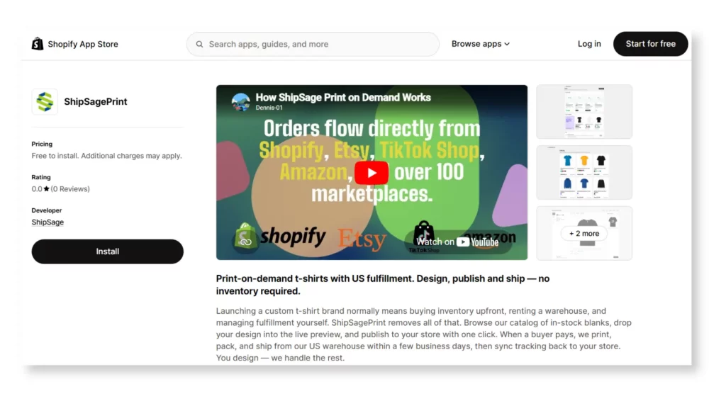 PrintSage app listing on the Shopify App Store with install button and multichannel order video