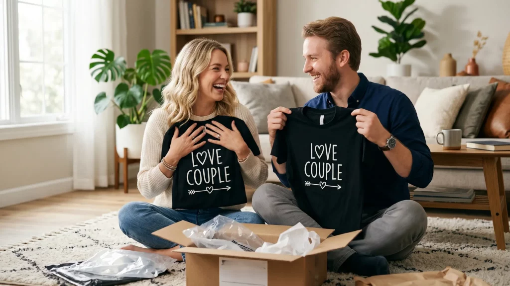 Couple unboxing matching custom-printed "Love Couple" t-shirts ordered from PrintSage