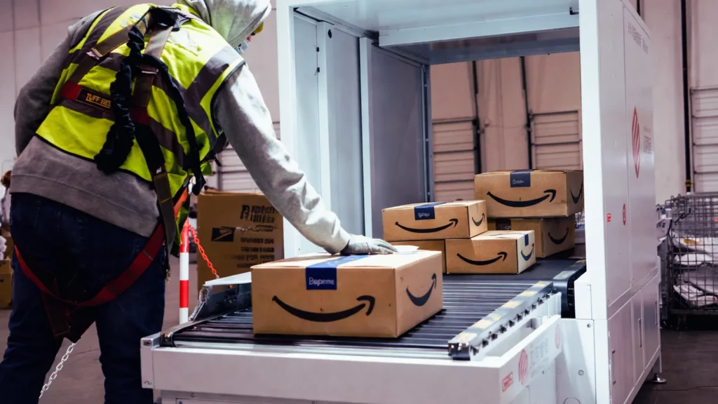 Warehouse worker processing ecommerce packages on a conveyor system to prepare for increased Prime Day order volume
