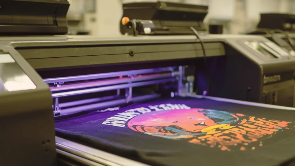 Print-on-demand t-shirt production using DTG printing equipment during peak ecommerce order fulfillment periods