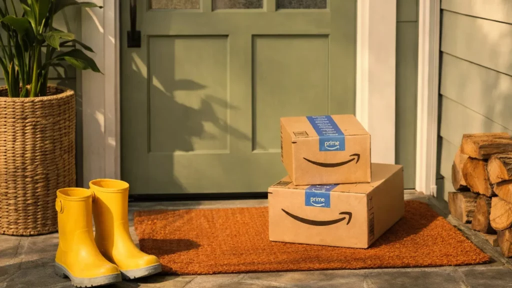 Ecommerce packages delivered to a customer's doorstep during Prime Day fulfillment and last-mile delivery operations