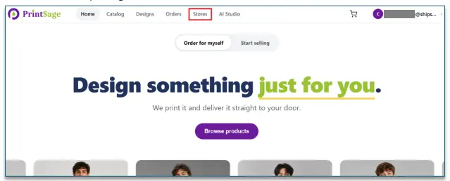 PrintSage home dashboard with the Stores tab highlighted in the top navigation menu