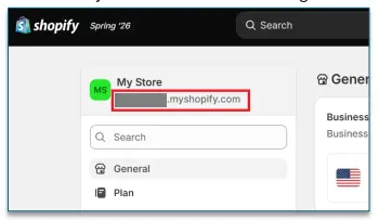 Shopify Settings page showing the myshopify.com store URL under General settings