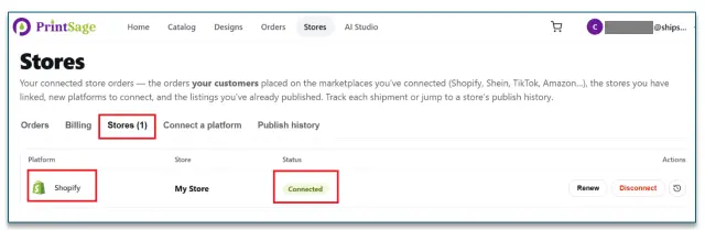 PrintSage Stores page showing Shopify connected with status marked as Connected
