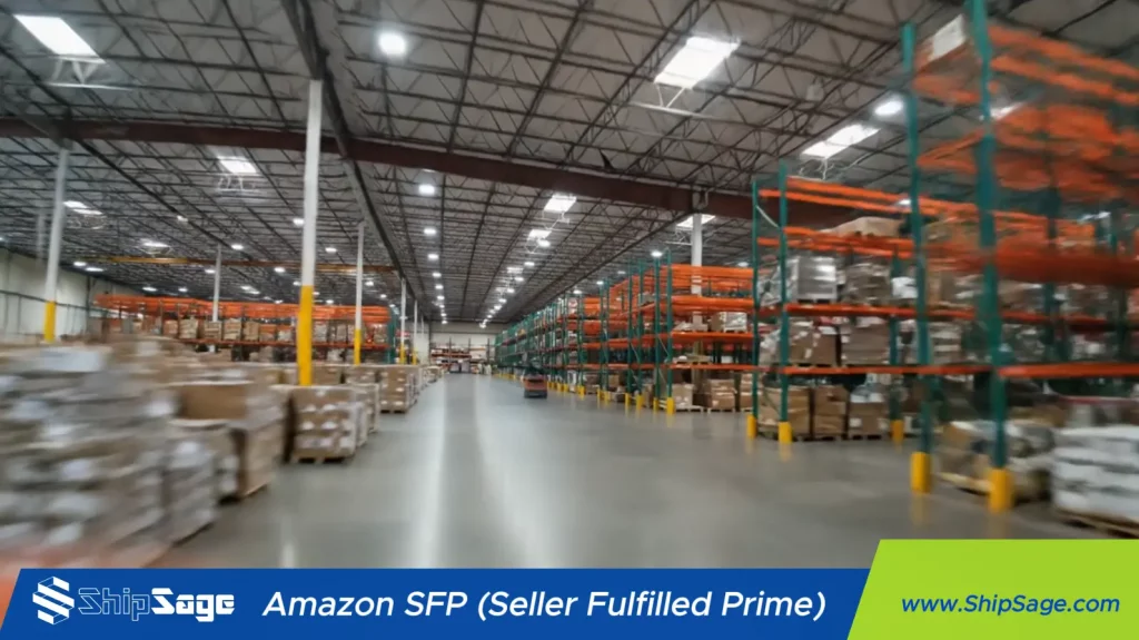 Wide interior shot of the ShipSage fulfillment warehouse showing tall orange and teal pallet racking filled with inventory under bright overhead lighting