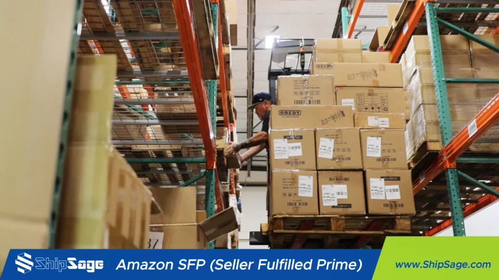ShipSage warehouse associate operating a forklift to pick boxes from high pallet racking during an Amazon Seller Fulfilled Prime order fulfillment cycle