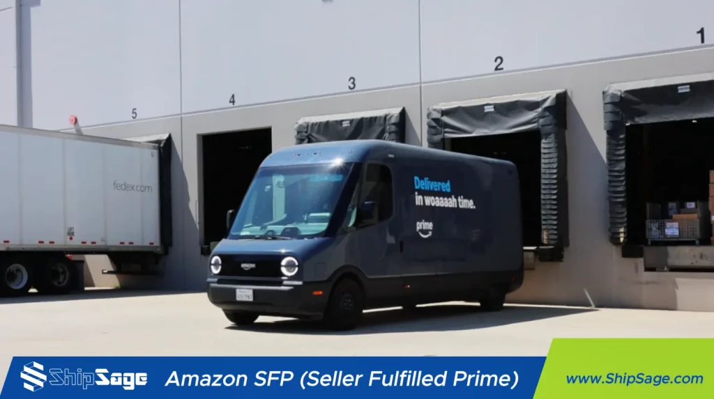 Amazon Prime electric delivery van branded "Delivered in woaaaah time" parked at the ShipSage warehouse loading dock with multiple dock doors visible in the background
