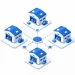 Network of four connected warehouses icon