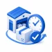 Warehouse with clock and checkmark icon